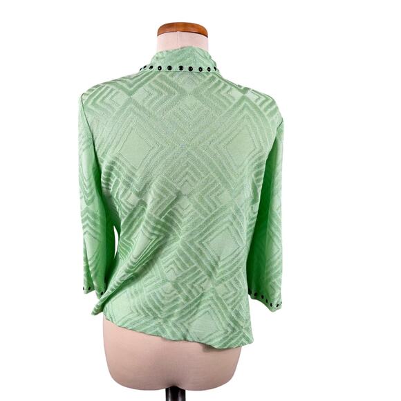 Ming Wang Cardigan Women Size Medium Green Embossed Geometric Studded Open Front - Picture 2 of 14